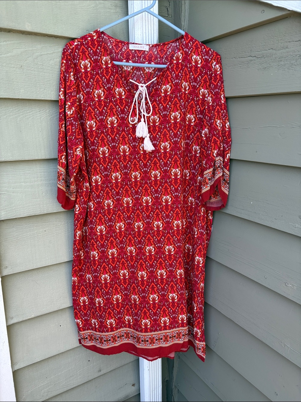 HALIFE  Red and Orange Boho Floral dress w tassel tie. Vibrant and gorg sz XL